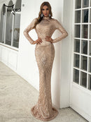 Missord Elegant Black Evening Dresses Women High Neck Long Sleeves Reflective Sequins Bodycon Maxi Party Prom Dress Formal Gown