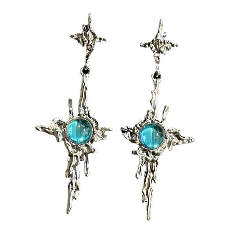 Irregular Liquid Metal Cross Moonstone Dangle Earrings Young Girl Trend Metal Cross Moonstone Drops Earrings Jewelry Wholesale