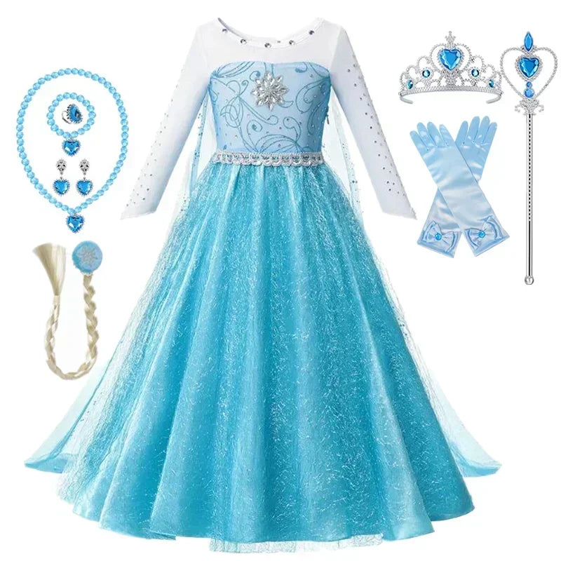 2024 Frozen Elsa Snow Queen Dress Girls Princess Dress Cosplay Costume For Kid Ball Gown Halloween Birthday Party Vestidos 4-10Y