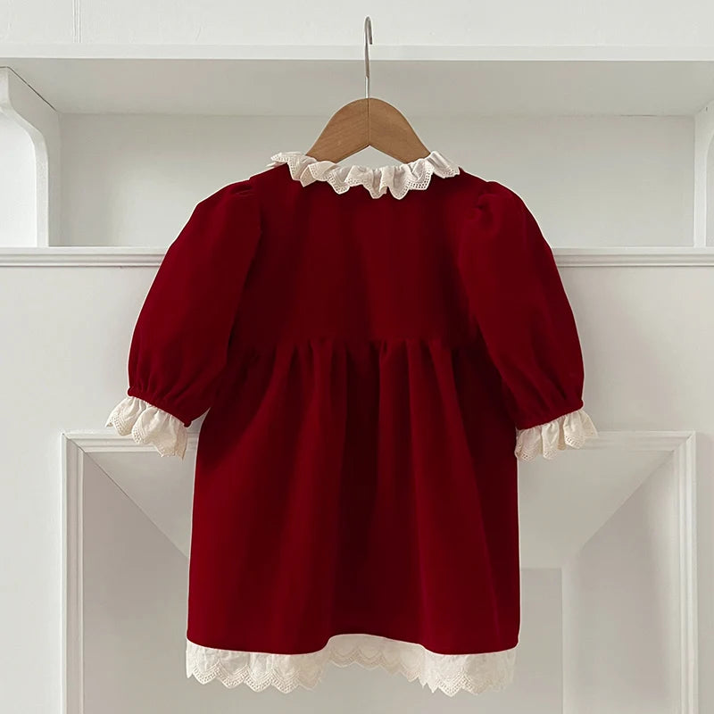 Christmas Party Dress Baby Girl Lace Princess Ruffle Satin Finish Dress Fashion Christmas Holiday Autumn Winter Wear Kids Girl