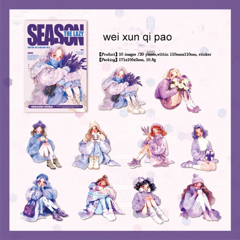 JIANWU Lazy Season Series Kawaii Girl Character Landscaping Sticker Creative DIY Journal Material Collage Stationery