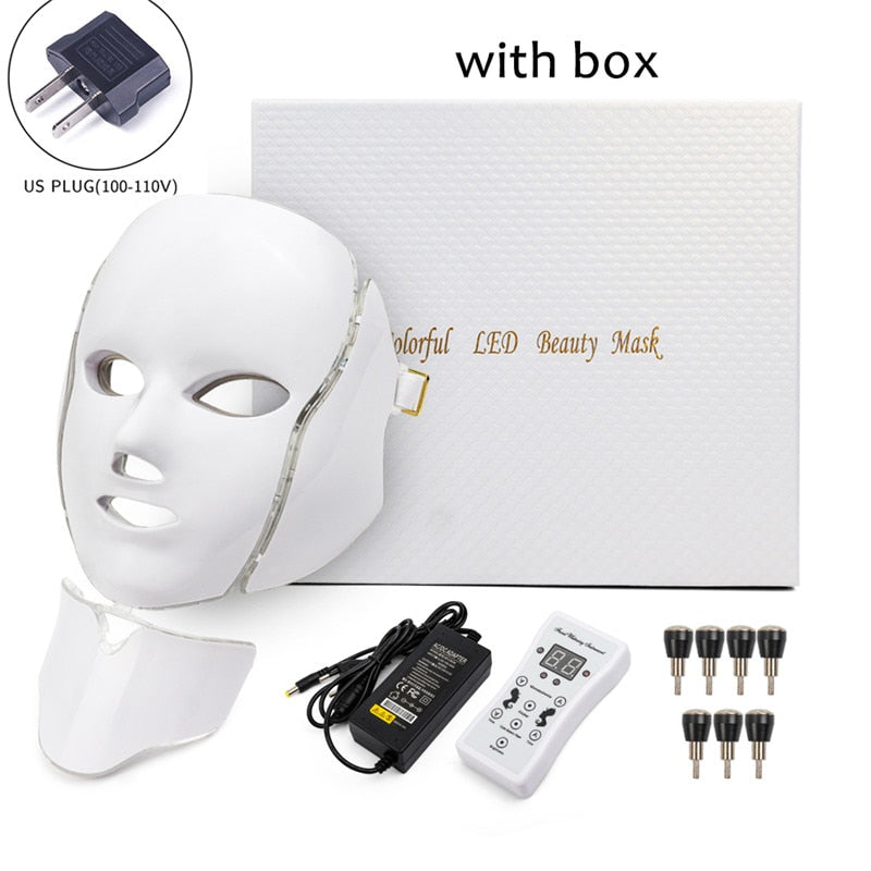 LED Facial Mask 7 Colors Light Phototherapy Face Mask with Neck Anti Acne Whitening Red Light Therapy Mask Skin Beauty Treatment
