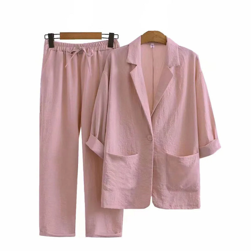 New European and American women's autumn commuting suit set, cotton and linen jacket pants, loose and fashionable casual wear