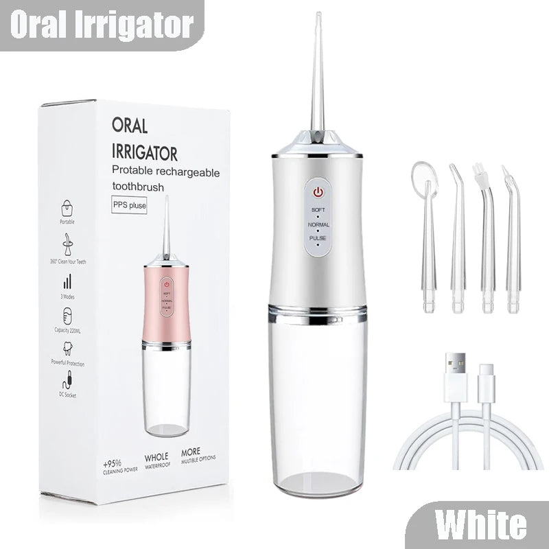 Oral Irrigator Portable Dental Water Flosser USB Rechargeable Water Jet Floss Tooth Pick 4 Jet Tip 220ml 3 Modes Teeth Cleaner