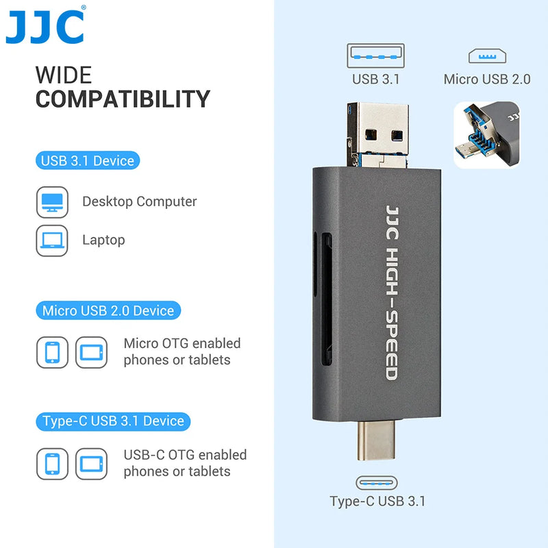 JJC UHS-II SD MSD Card Reader USB 3.1/Micro USB 2.0/Type C USB 3.1 to SD Micro SD Adapter for Camera PC Laptop Phone Pad OTG