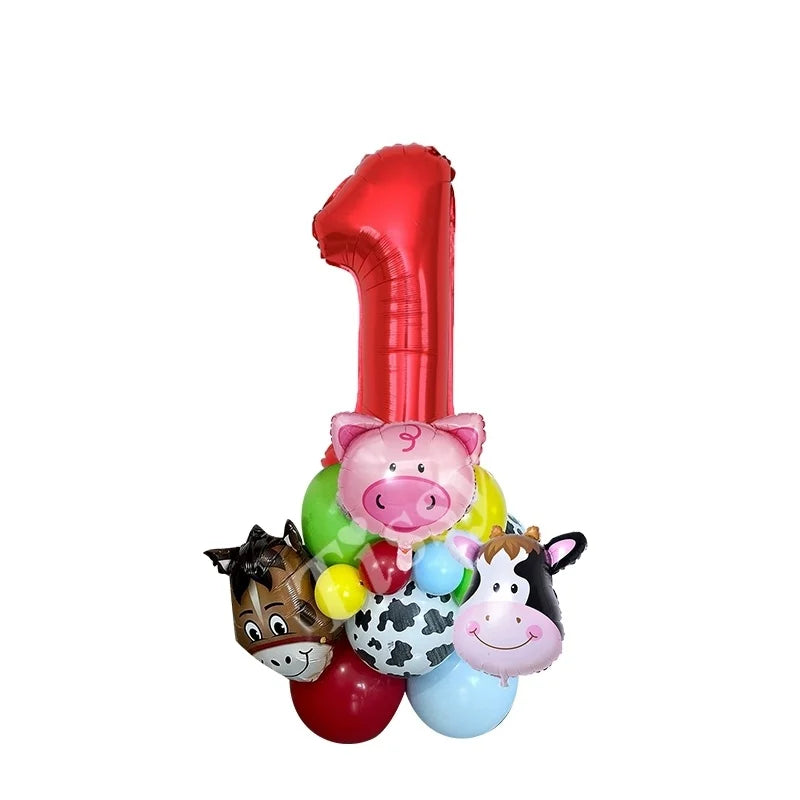 Farm Animal Balloon Tower with Digital Baloon Carton Cow/Pig/Sheep Balloons Kids Farm Animals Happy Birthday Party Decoration