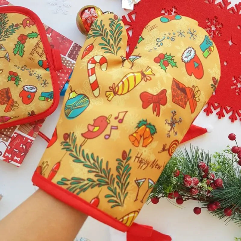 2pcs/set Christmas Anti-Hot Oven Mitts and Pot Holders Christmas Home Decoration Kitchen Cooking BBQ Gloves Xmas Party Supplies