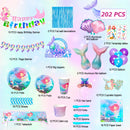 Mermaid Party Supplies and Decorations,202pcs/Serves 16 Decorations&Tableware Set-Party Plates Cups Tablecloth&Balloons Banner