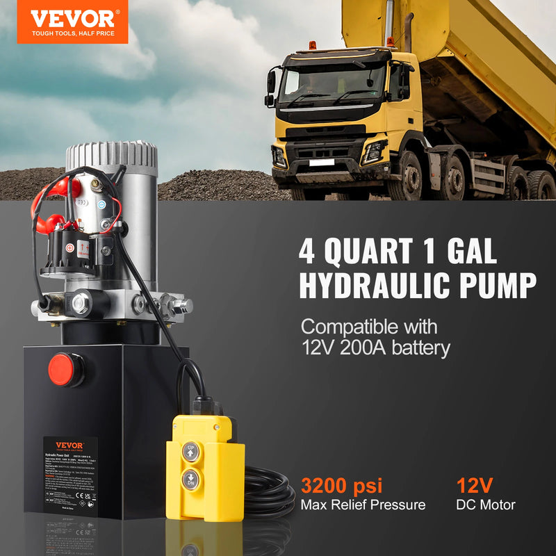 VEVOR Hydraulic Pump 4 Quart Hydraulic Power Unit Single Acting Dump Trailer Pump 3200 PSI Max Relief Pressure Dump Trailer