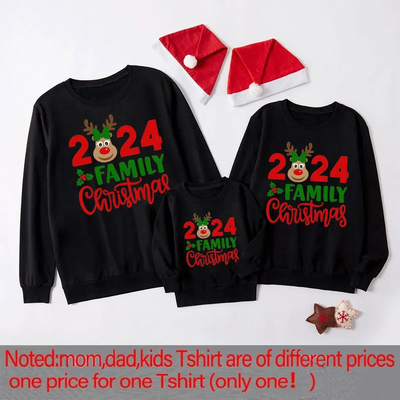 2024 Family Christmas&deer Print Family Together Matching Sweatshirt Casual Christmas Hoodie Christmas Day Holiday Clothes Tops