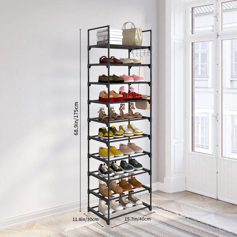 Shoe Rack 10 Tier Shoe Storage Organizer Metal With Hooks Fit 20-25 Pairs Shoes Easy Assembly, Space-Saving.