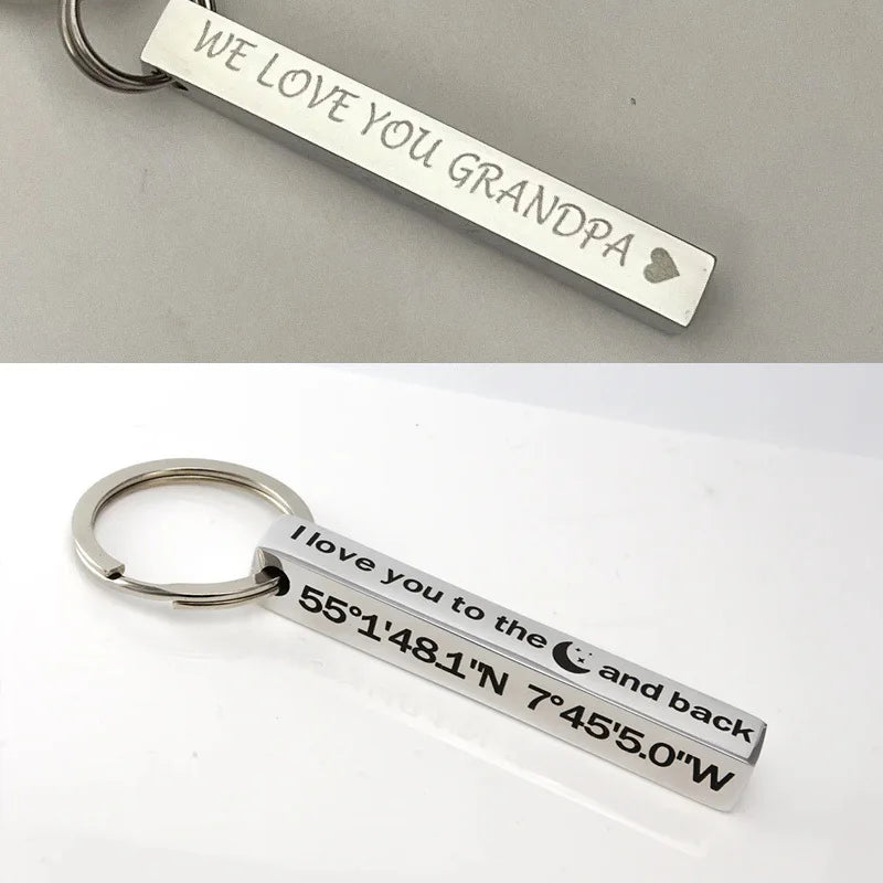 Vnox Personalize Keychains, Custom Father's Day Gift to Him, 3D Bar Key Chain, Stainless Steel Name Date Logo Engraving Keyrings