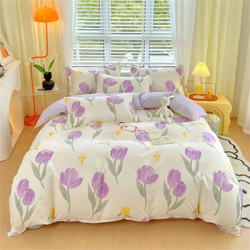 Cute Pink Strawberry Duvet Cover Flat Sheet Pillowcase Floral Bedding Set Girls Bed Linen Soft Thick Washed Cotton Bedclothes