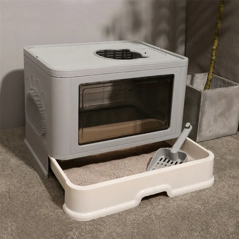 Foldable Cat Litter Box Front Entry & Top Exit Toilet Boxes with Massager Litter Scoop Enclosed Foldable Kitty Toilet