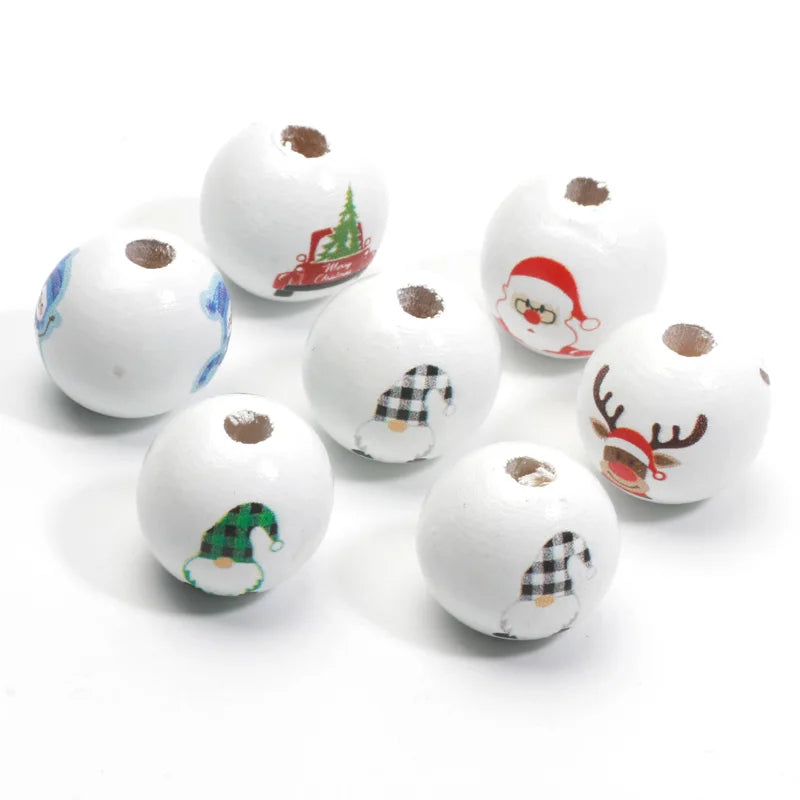 10pcs 16mm Round Christmas Wooden Beads Cartoon Wood Spacer Beads For Jewelry Making Diy Christmas Party Decor Handicrafts