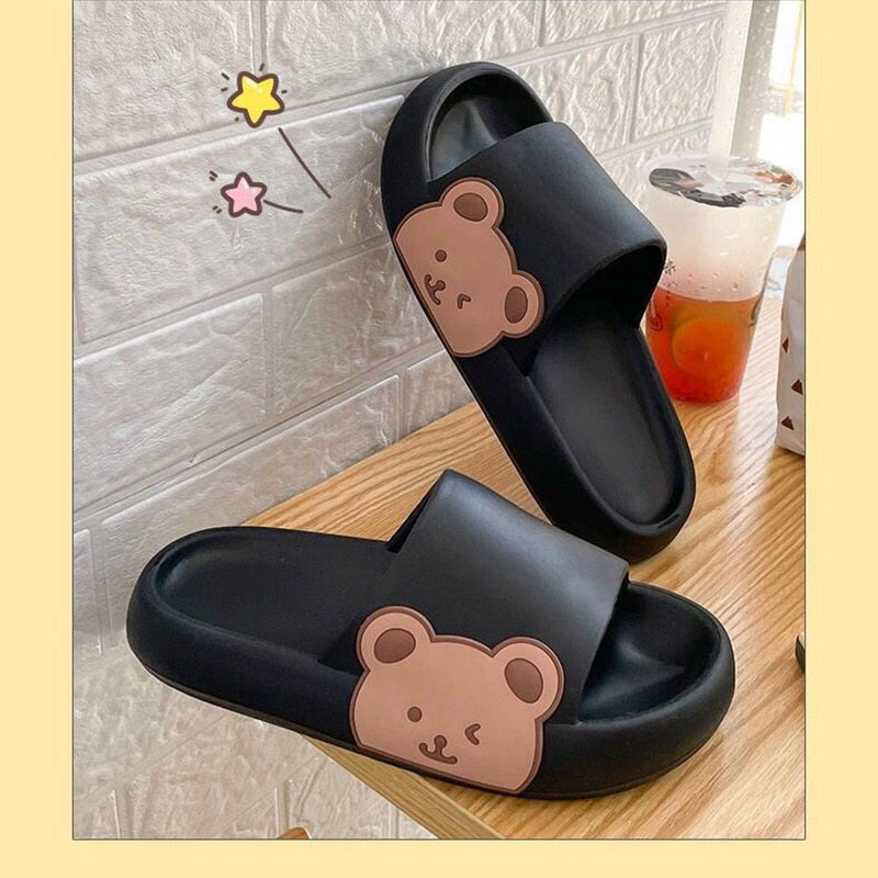 REAVE CAT New 2022 Women Slippers Open Toe 2cm Heels Cute Cartoon Bear Stylish Soft Comfort Non-Slip Bathroom Summer A3769