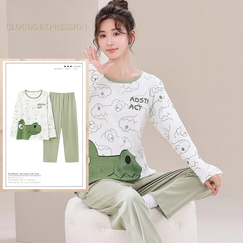 Autumn Nightwear Kawaii Girls PJ Young Women Pajama Sets Pyjamas Femme Cartoon Sleepwear Female Loungewear Pijama Mujer Homewear