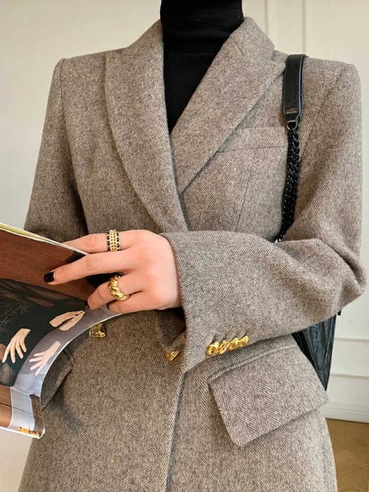 2024 Long Wool Coat Women Elegant Woolen Blazer Jackets Vintage Korean Slim Suit Overcoat Winter Office Lady Casual Outwear