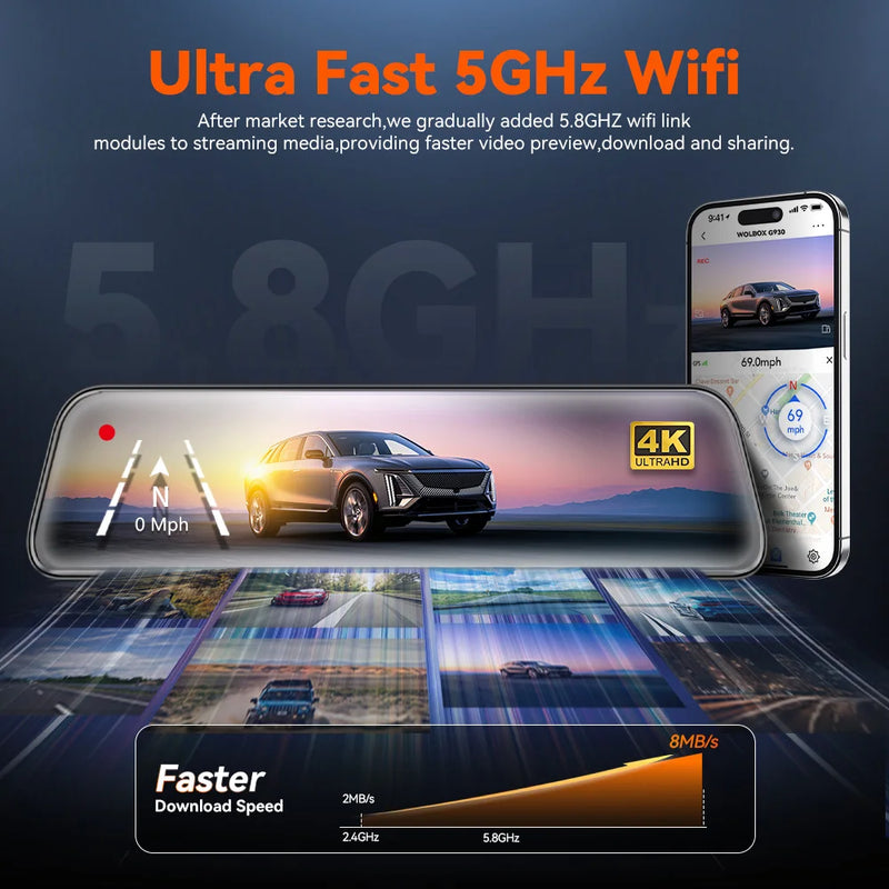 WOLFBOX G930 10 Inch Wifi Dash Camera 4K Car DVR FOV 140 Mirror Camera Dash Cam Car 24H Parking View Touch Screen Video Recorder