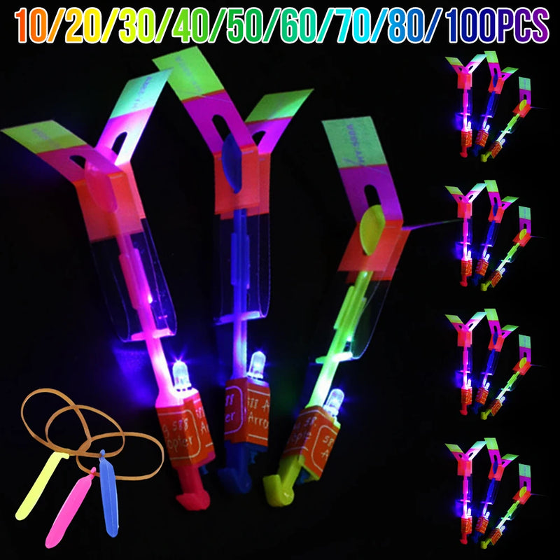 100-10PCS Amazing Light Toy Arrow Rocket Helicopter Flying Toy LED Light  Luminous Slingshot Toys Rubber Band Catapult Fun Party