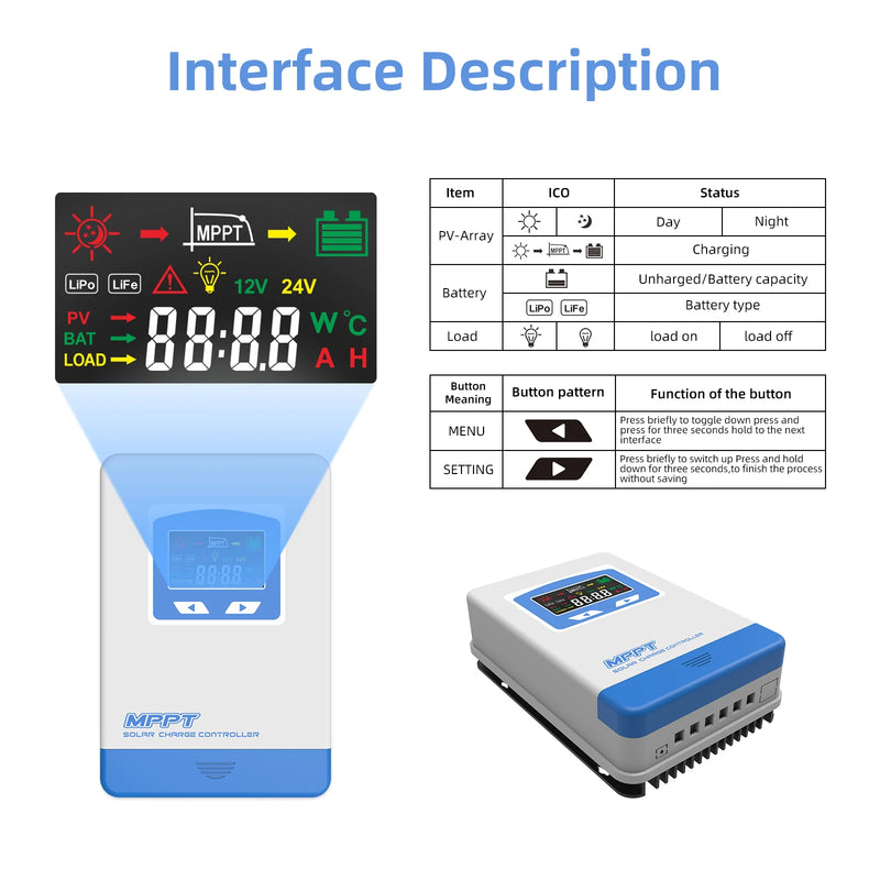 New 20A 30A 40A MPPT Solar Charge Controller 12V 24V Auto Battery Charger Max PV Input 60VDC 100VDC LCD Solar Regulator