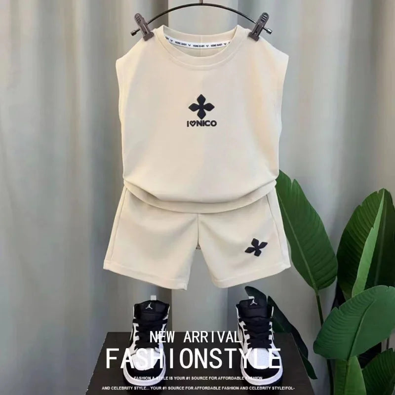 2pc Boy Clothing Set Summer Fashion Silk Letter Print Boys Sets Kids Sleeveless Tops Loose Shorts Outfit Set Hoodies and Pants