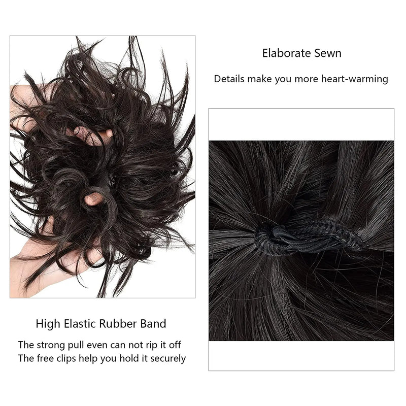 Synthetic Messy Fluffy Hair Bun Tousled Hairpiece Elastic Band Chignon Scrunchie Ponytail Extensions Hair Bow for women