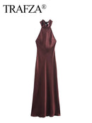 TRAFZA 2024 Female Elegant Slim Long Dresses Solid Sleeveless Backless Bow Decoration Zipper Summer Long Dress Woman Sexy Trendy
