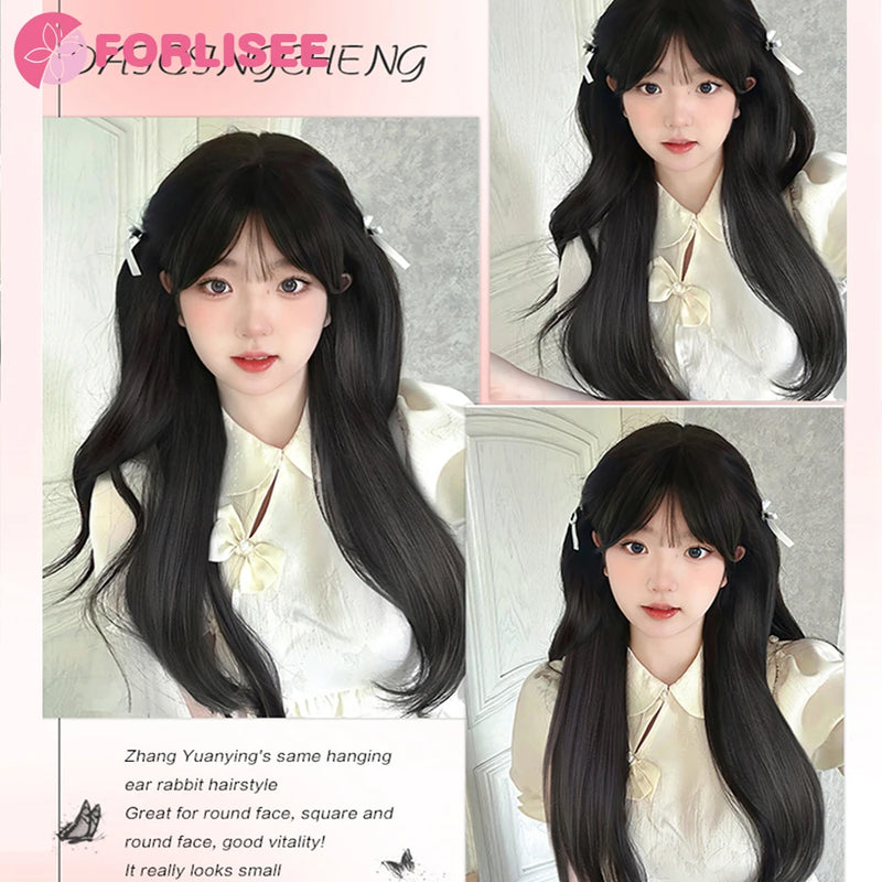 Synthetic Long Hair And Dropped Ear Rabbit Style Double Horsetail Girl Fluffy And Binding Hair Wig Piece Double Horsetail