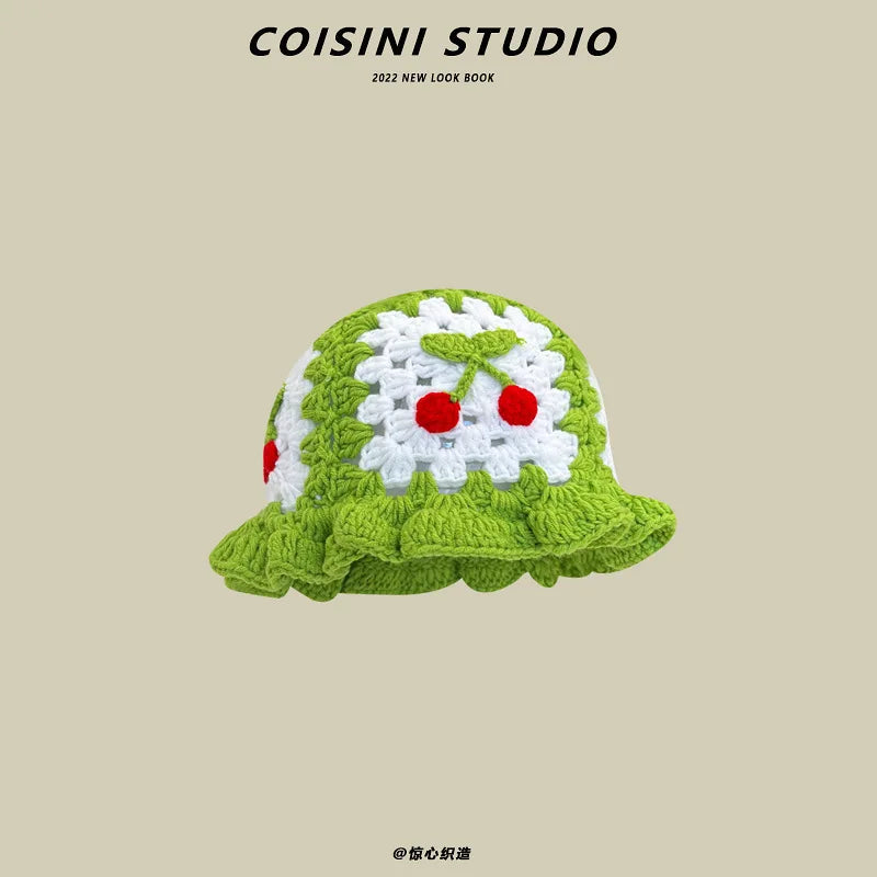 2024 New Korean-Japanese Hand Buckle Crochet Bucket Hat Spring and Autumn Winter Sun Hat Female Cherry Designer Bob Basin Hat