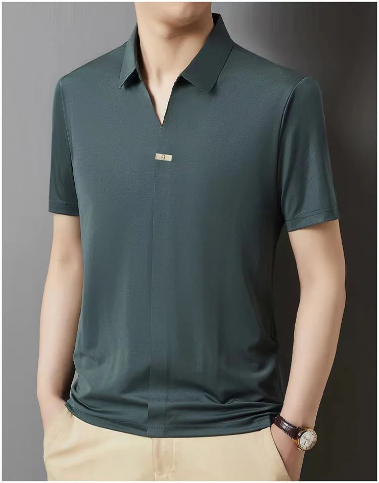 Light luxury fashionable men's shirt with no zipper design polo shirt summer ice silk comfortable casual solid color men's shirt
