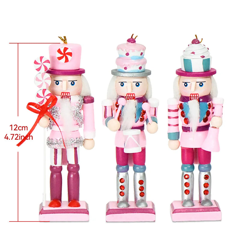 3Pcs 12cm Cartoons Nutcracker Puppet Ornaments Desktop Decoration Soldiers Band Dolls Pink Cake Candy Style Christmas Gift