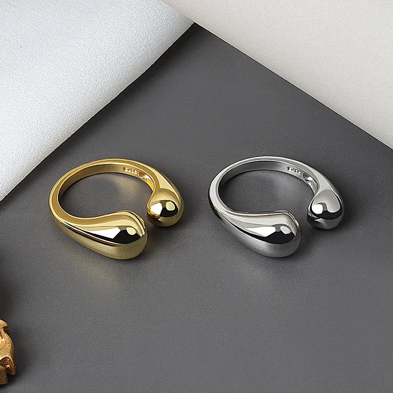 S925 Silver Minimalist Retro Water Drop Opening Plated Real Gold Niche Design Ins Ring Metal Ball Ring Female