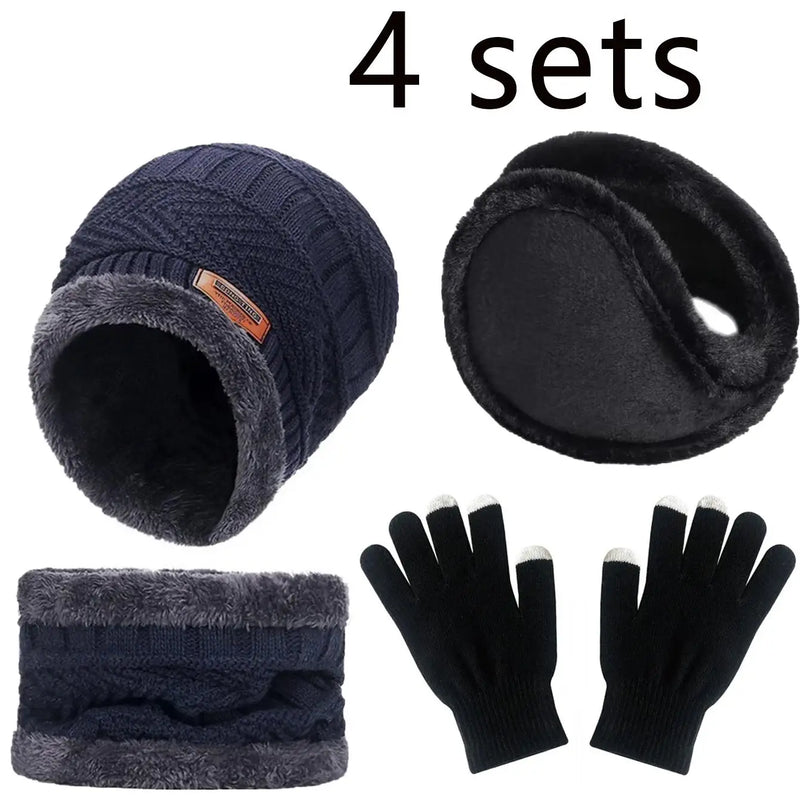 4pcs sets Winter Warm Velvet men Hat Scarf Gloves Set For men and women Girls Outdoor Riding Hat Beanies Neck Protection Scarf C