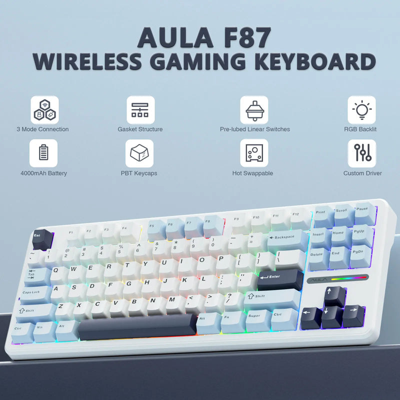 AULA F87 Pro Gasket Gaming Mechanical Keyboard 75% TKL Layout Wireless Hot-Swap RGB Custom Bluetooth Keyboard 2024 New Colors