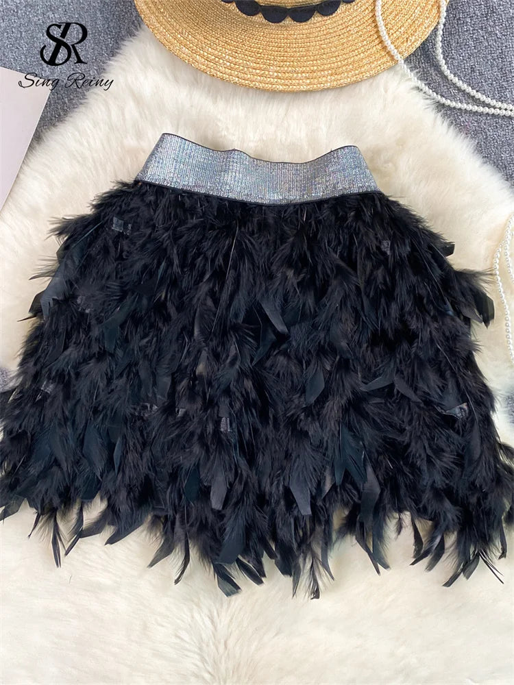 SINGREINY Senior Birthday Party Skirt High Quality Elastic Waist Mini Skirt Fairy Style Sweet Feather Splicing Ball Gown Skirt