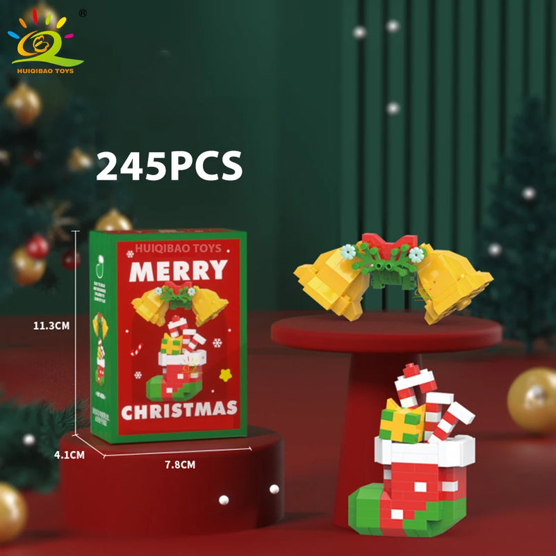 HUIQIBAO Christmas Tree Train Santa Claus Model Micro Building Blocks Elk Elves Snowman Mini Bricks Xmas Gifts Toys for Children