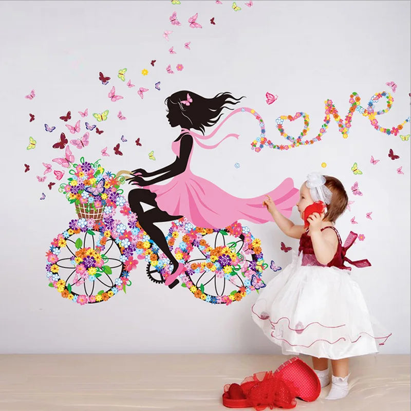 Beautiful Flower Girl with Butterfly Heart Shape Balloon Wall Stickers for Girl Bedroom Living Room Home Decorative Stickers PVC