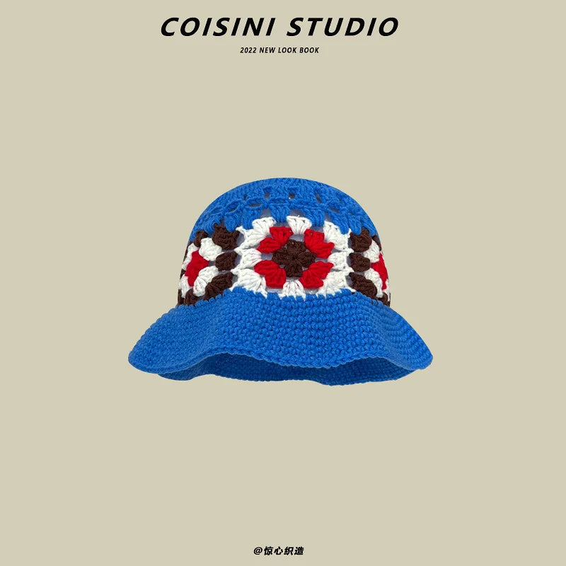 2024 New Korean-Japanese Hand Buckle Crochet Bucket Hat Spring and Autumn Winter Sun Hat Female Cherry Designer Bob Basin Hat