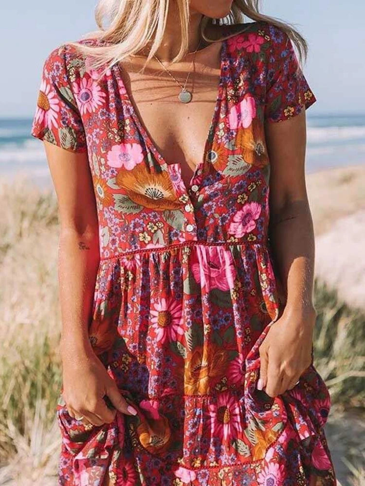 Vintage Chic Women Short Sleeve Floral Print Fashion Beach Bohemian Mini Dress Ladies V-neck Summer Rayon Cotton Boho Dresses