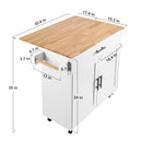 SucceBuy 2-Door 1/2 3-Drawer White Mobile Kitchen Island Rubber Wood Desktop Rolling Kitchen Cart with Wheels for Bar Storage