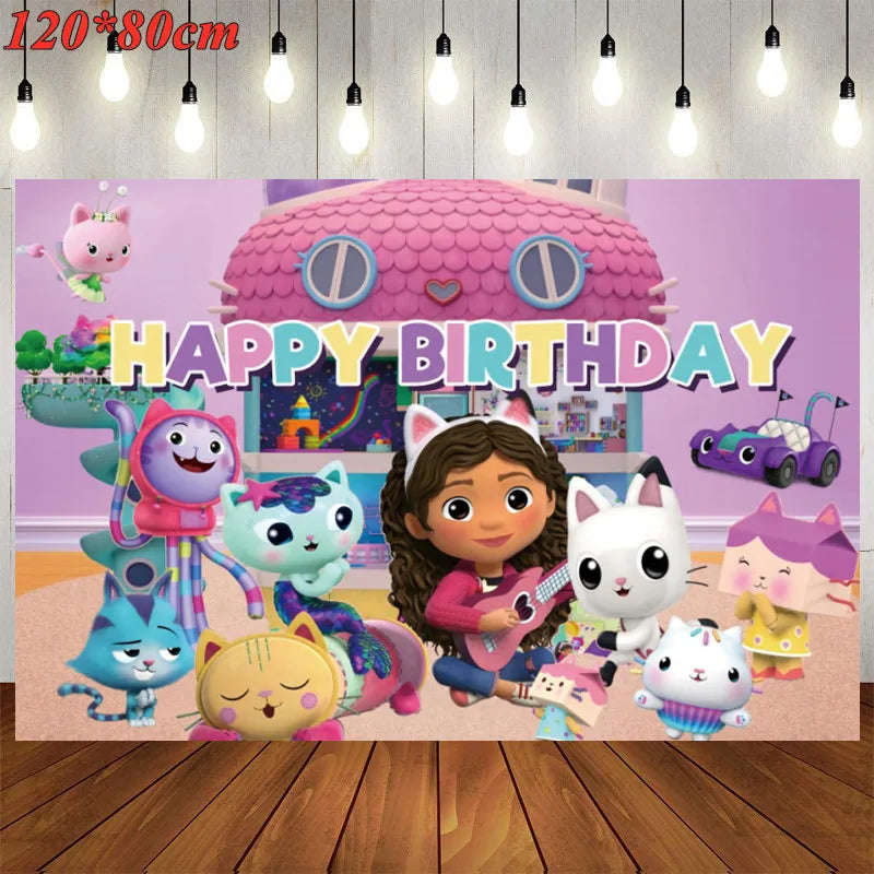 New Gabby Dollhouse Cats Birthday Party Decoration Balloon Pink Cartoon Tableware Backdrop Baby Shower Kids Girls Party Supplies