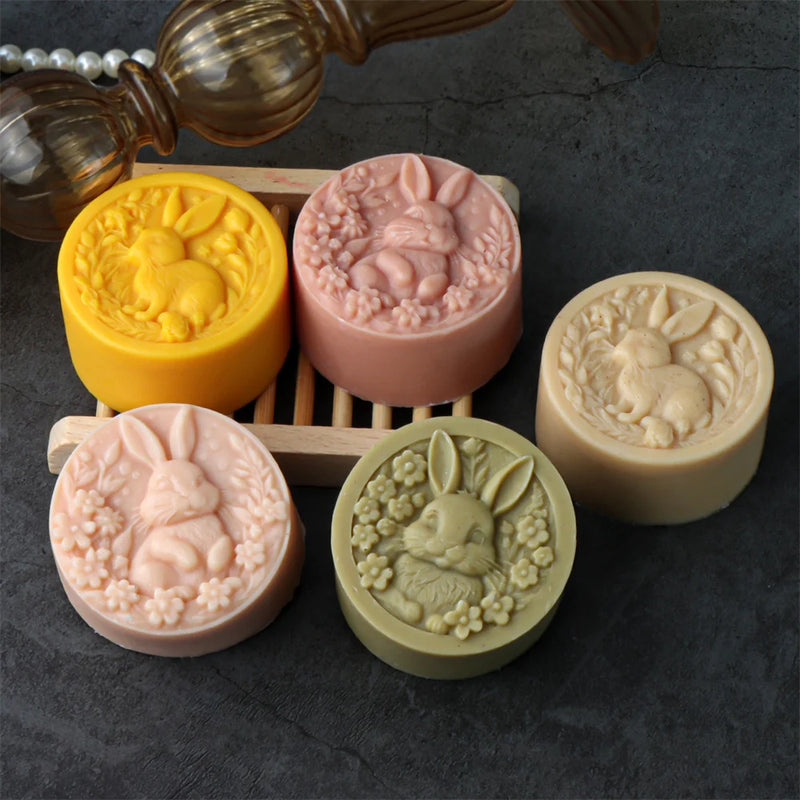 Easter Rabbit Silicone Soap Mold Bunny with Flower Round Silicone Molds Diy Cake Decorative Mousse Baking Tool Festival Gifts