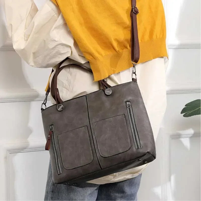 Large Capacity Shoulder Bag Vintage PU Leather Multi-Pocket Tote Bag Adjustable Shoulder Strap Crossbody Bag Women handbags 2024