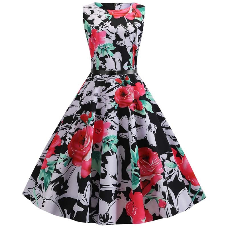 Floral Print Summer Dress Women Vintage Dresses Elegant Retro Party Tank Sleeveless Casual Office Dress