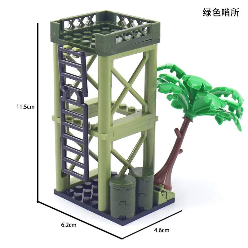 Military MOC Sentry Building Block Soldier Sandbag Fence Cannon Shell Barbed Wire Weapon Rack Training Field Watchtower Toy K018