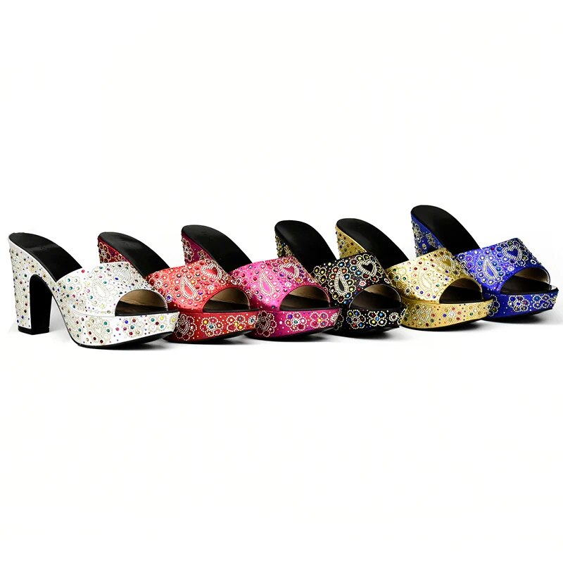 New Arrival Black Color Women Shoes Decorated With Rhinestone African Party shoes Slip on High Heels Ladies Shoes for Wedding