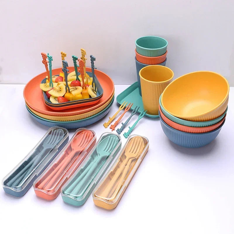 48pcs Plate Sets Wheat Straw Eco-Friendly Ramen Bowl Tableware Dinner Dishes Set Camping Tableware Set With Knife Fork Spoon