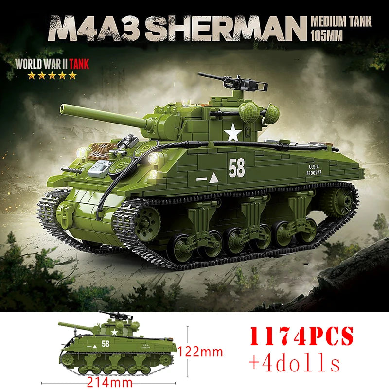 Military World War Russian T-34 KV-1 Heavy Tank Building Blocks WW2 American M4A3 Sherman Stuart Tank Technical Bricks Kids Toys
