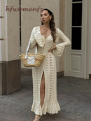 Elegant Knitted Hollow Out Long Dress Women Beach Ruffle Single-breasted Flare Sleeve Cardigan Robe Female Fashion Solid Dresses